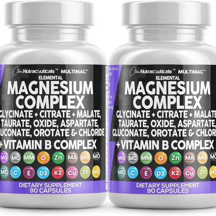 Clean Nutraceuticals Magnesium Complex with Magnesium Glycinate Citrate Malate Oxide Taurate Aspartate Orotate & Mag Chloride, Zinc Copper Manganese (90 Count (Pack of 2))