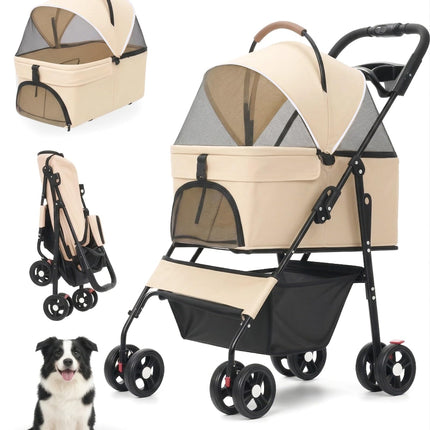 Pet Stroller with Removable Carrier, 35lbs Capacity - One-Click Foldable Dog Stroller, Cat Carrier & All-Terrain Wheels, Compact Travel Pet Stroller for Small to Medium Pets-Khaki
