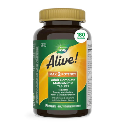 Nature's Way Alive! Max3 Potency Daily Multivitamin with Iron, High Potency Adult Multivitamins to Support Cellular Energy Metabolism, Heart, and Muscle Function* for Women & Men, 180 Tablets