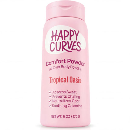 HAPPY CURVES Comfort Powder: Talc Free Anti Chafe Body & Foot Dusting Powder Deodorant to Control Inner Thigh Chafing, and Private Areas 6oz (Pack of 1) - Tropical Oasis