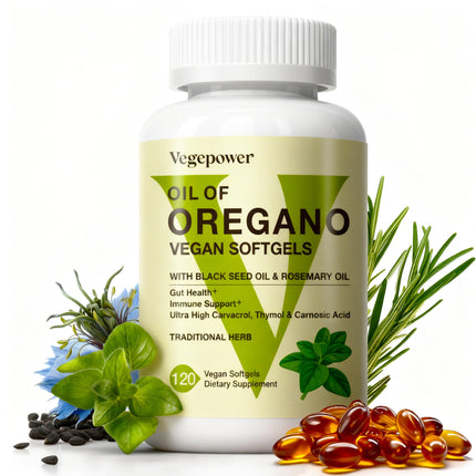 VEGEPOWER Oil of Oregano Vegan Softgels, Oregano Oil with Black Seed Oil & Rosemary, 4 in 1 Organic Oregano Capsules Supplement for Immune Support, Digestion Health - Wild, Non-GMO, 120 Ct