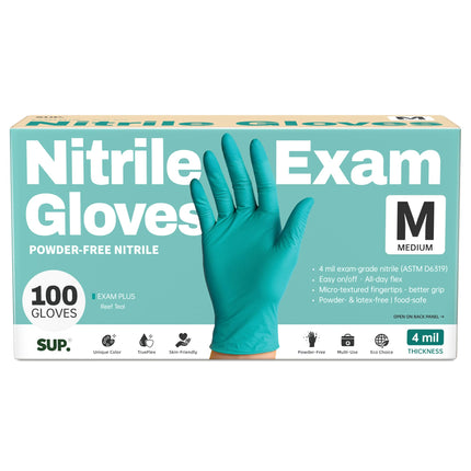 SUP Powder-Free Nitrile Exam Gloves, 100 Count Food Safe Latex-Free Disposable Gloves for Medical Cooking Cleaning Food Prep, Teal (Medium)
