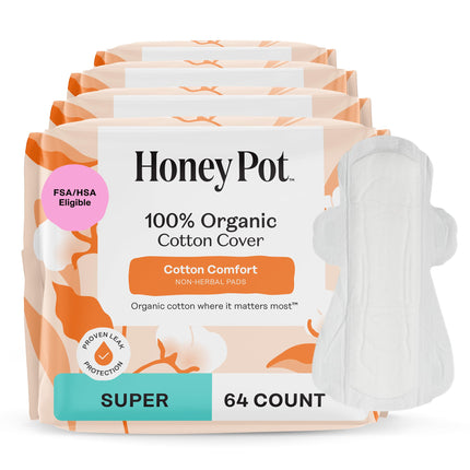 The Honey Pot Company - 64ct - Sanitary Pads for Women - Non-Herbal Heavy Overnight w/Wings - Organic Cotton Cover & Ultra-Absorbent Pulp Core - Feminine Care