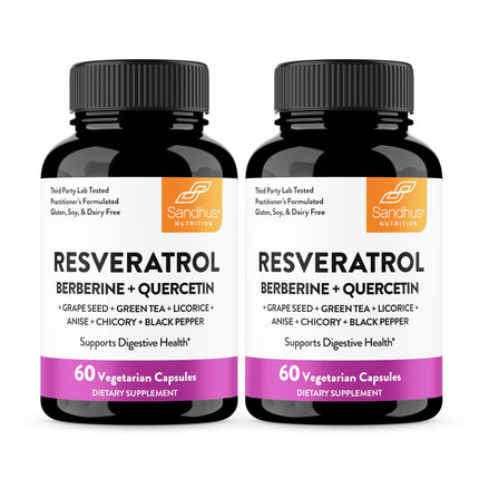 Resveratrol with Berberine Supplement For Gut Health Support | 120 Digestive Capsules For Women & Men | With Green Tea Extract, Star Anise, DGL, Grape Seed, Quercetin | Helps Ease Bloating & Digestion