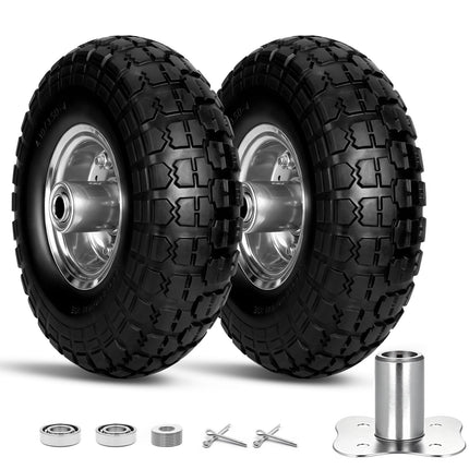 4.10/3.50-4 Flat Free Tire Wheels 10 Inch, (2 PICK) Solid Rubber Puncture Proof Airless Wheels with 5/8" Bearings 2.2" Offset Hub for Hand Truck, Dolly Gorilla Cart, Wheelbarrow, Outdoor Utility Cart