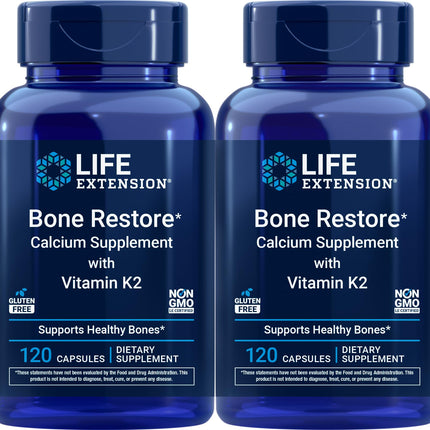 Life Extension Bone Restore Calcium Supplement with Vitamin K2, 120 Capsules (Pack of 2)