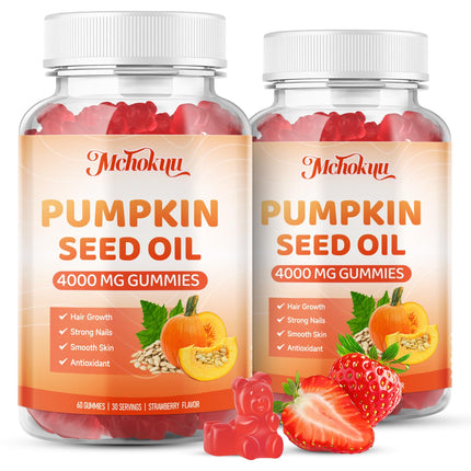 Mchokuu Pumpkin Seed Oil Supplement Gummies with Saw Palmetto for Hair Growth & Skin Health Support, High Pure Extract for Women & Men Extra Strength Pumpkin Seed, Strawberry Flavor, 120 Count
