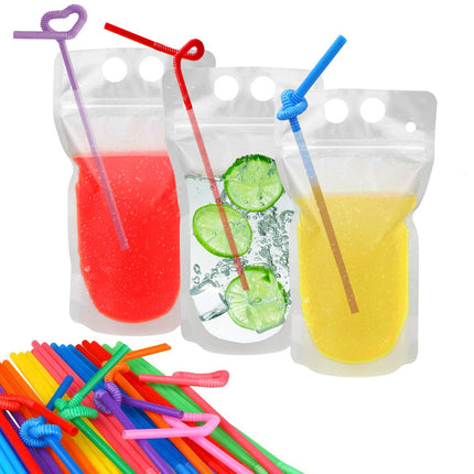 100 Pcs Drink Pouches with 100 Straw Holes Freezable Juice Pouches