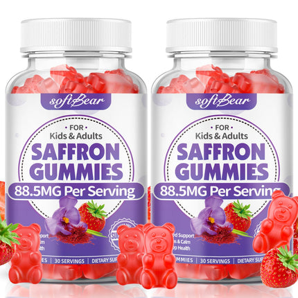 softbear Saffron Gummies for Kids & Adults, 10-in-1 Organic Saffron Supplements with 88.5mg Saffron Extract Support Calm Mind & Focus & Zzz, Sugar Free/Non-GMO, Strawberry Flavor 120 Count