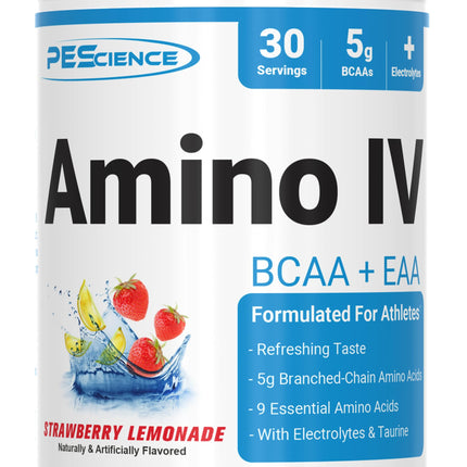 PEScience Amino IV BCAA & EAA Powder, Essential Amino Acids, Taurine, Electrolytes for Hydration and Muscle Recovery, Sugar Free for Men & Women, Post Workout - Strawberry Lemonade, 30 Servings