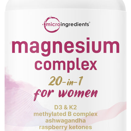 Magnesium Complex for Women | Glycinate, Citrate & More – 20-in-1 Formula with D3, K2 (MK-7), B6 (as P5P) & Ashwagandha | 240 Vegetarian Capsules, Filler Free, Non-GMO
