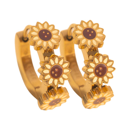 Oh Clementine 3D Sunflower Huggie Hoop Adjustable Clasp Earrings for Women- 316L Stainless Steel with 18k PVD Gold Coating