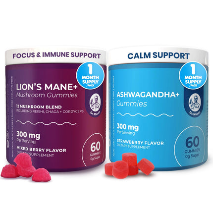 DR. MORITZ Ashwagandha Gummies + Lions Mane Mushroom Gummies Bundle – 60 Count Each – Sugar-Free, Non-GMO – with L-Theanine – Ashwagandha for Women & Men – Calm, Focus, Relaxation & Immune Support