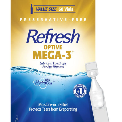 REFRESH OPTIVE MEGA-3 Lubricant Eye Drops Preservative-Free Artificial Tears, 0.01 fl oz (0.4 mL), 60 Single-Use Containers