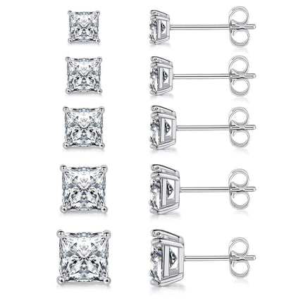MDFUN Princess Cut Cubic Zirconia Stud Earrings for Women Men,5 Pairs