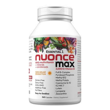ANDREW LESSMAN Essential-1 nuonce max Multivitamin 3000 IU Vitamin D3 360 Small Capsules. 100 mcg Methyl B12. CoQ10 Lutein Lycopene Zeaxanthin. High Potency. No Additives. Ultra-Mild One Daily Capsule