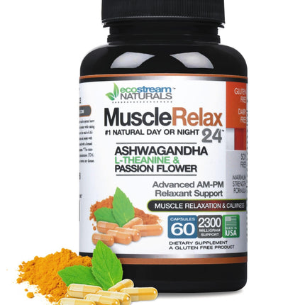 ecostream Naturals Relaxant - Muscle Relax 24/7 - Large 2,300 Milligram Day/Night Use Capsules Maximum Strength Support - with Valerian, Passion Flower, Magnesium