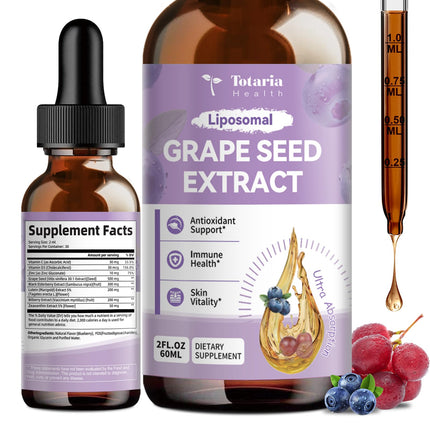 Totaria Grape Seed Extract Liquid Drops | High Potency 95% Polyphenols Antioxidant Supplement for Skin, Heart & Immune Support | Vegan, Gluten Free | Alcohol-Free & Non-GMO | 2FL
