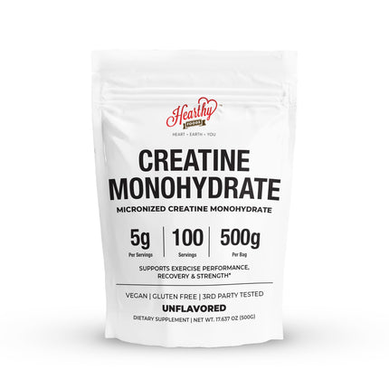 HEARTHY FOODS Creatine Monohydrate Micronized Powder 500G - 100 Servings, 5000mg Per Serving (5g) - for Men & Women Muscle Growth & Recovery - UNFLAVORED