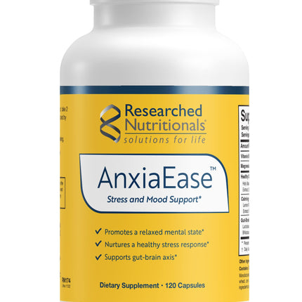 Researched Nutritionals AnxiaEase - Stress, Cortisol Management & Mood Support Supplement - Botanicals, Vitamin B6, Magnesium & 'Psychobiotic' Probiotic Strains (120 Capsules)