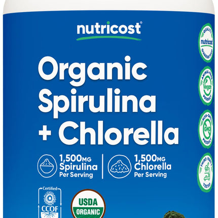 Nutricost Organic Spirulina + Chlorella (3,000mg) 360 Tablets - USDA Organic, 1,500mg Spirulina, 1,500mg Chlorella, Vegan, GMO-Free, Gluten-Free, 60 Servings