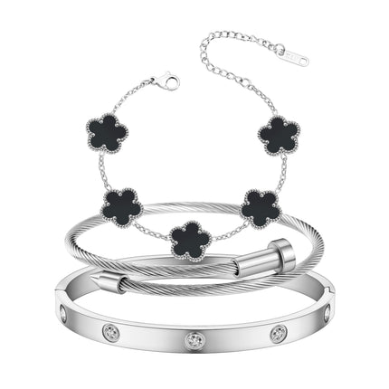 Jade cabbage Gold Bracelets for Women 18K Gold Plated Love Friendship Bracelet With Cubic Zirconia Cuff Bangle Jewelry Set Witness the Gift of Love (Silver 3pcs-B Medium 6.5")