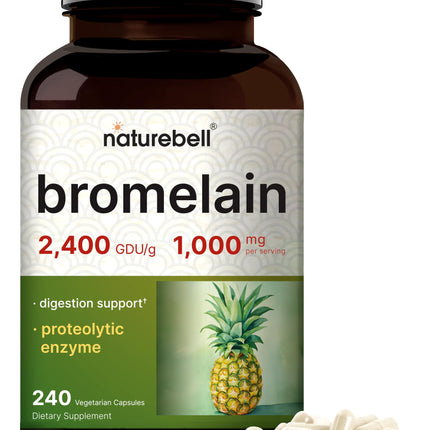 NatureBell Bromelain, 1,000mg Per Serving, 240 Veggie Capsules | 2,400 GDU – Digestive Enzymes & Joint Support Supplement – Proteolytic Enzymes for Digestion, Fresh Pineapple Source – Non-GMO