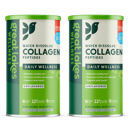 Great Lakes Wellness Collagen Peptides Powder for Skin, Hair, Nails, Joints & Digestion - Unflavored - Quick Dissolve Hydrolyzed, Non-GMO, Keto, Kosher - 16 oz - 2 Pack - Packaging May Vary