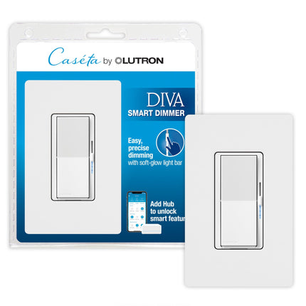 Lutron Diva Smart Dimmer Light Switch with Wallplate for Caseta Lighting (Lutron Smart Hub Required), for LED Lights, 150W, Single-Pole/3-Way, No Neutral, White (DVRFW-6L-WH-A)