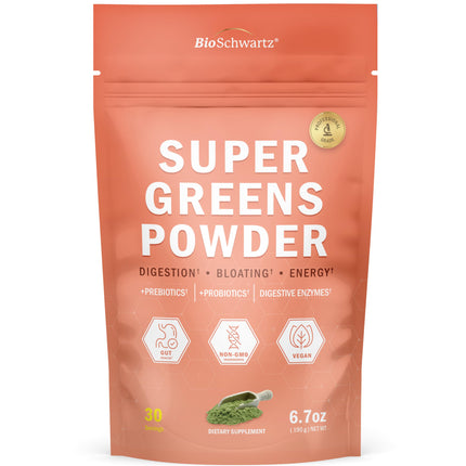 BioSchwartz Greens Powder Super Greens with Probiotics, Prebiotics, Digestive Enzymes & 43 Green Superfoods - Chlorophyll, Bilberry, Chlorella, Spirulina - Tastes Amazing - 30 Servings