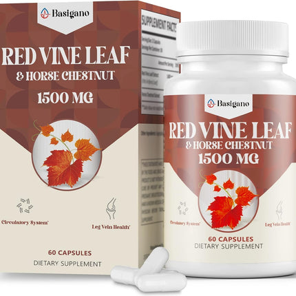 Basigano Red Vine Leaf & Horse Chestnut Extract Capsule Supplements (Vitis Vinifera) 1500mg -Premium Extract for Healthy Veins, Circulation, Heart, Skin (1 Pack)