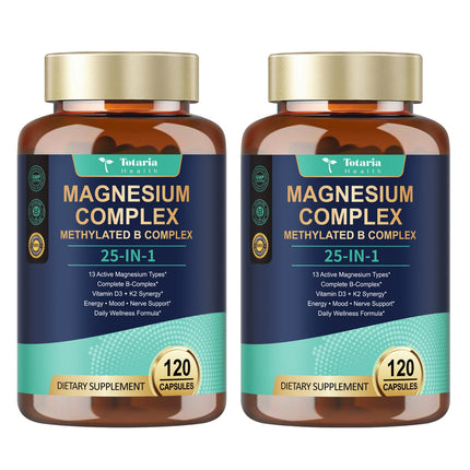 25-in-1 Magnesium Complex with Methylated B Complex, 1000mg Magnesium Complex for Women & Men with Magnesium Glycinate 400mg, 120 Vegan Capsules per Bottle, 2 Bottles