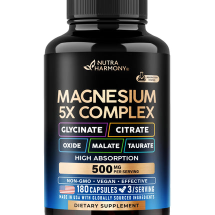 Magnesium Supplement - 5 in 1 Complex | Glycinate | Citrate | Malate | Taurate | Oxide - Made in USA - Stress, Muscle & Heart Support - Vegan, Natural, Non-GMO - 180 Capsules, 2 Month Supply