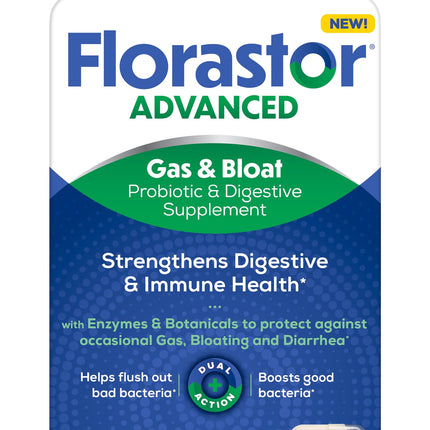 Florastor Advanced Gas and Bloat Probiotic, Digestive Enzymes and Botanicals, Plus Probiotics for Digestive Health, 30 Capsules
