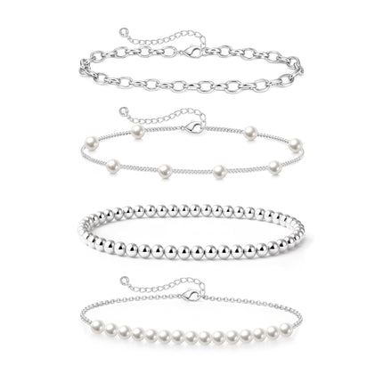 Zeffy Pearl Bracelets for Women, Silver Pearl Beaded Stackable Bracelets Charm Dainty Pearls Bracelet Stack Paperclip Link Chain Layered Bracelet Trendy Silver Bridesmaid Jewelry Set for Women