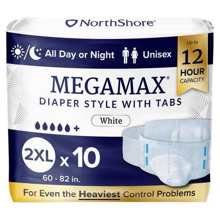 NorthShore MegaMax 12-Hour HBL Adult Diapers for Heavy Bladder Leaks, 2X-Large, 10 Count, White, 60-82 inches, Tab-Style Incontinence Underwear for Men, Women & Teens