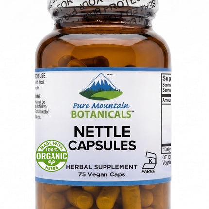Pure Mountain Botanicals Stinging Nettle Leaf Capsules - 500mg Organic Nettle Supplement - 75 Kosher Vegan Caps - Non-GMO Gluten Free Herbal Supplement