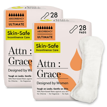 Attn: Grace Ultimate Incontinence Pads for Women, 2-Pack (56 Pads Total / 28 per Pack) - Plant-Based, High Absorbency, Breathable - Overnight Pads for Heavy Bladder Leaks & Sensitive Skin