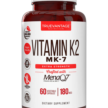 Vitamin k2 MK-7 Supplement 180mcg -Vitamin K2 Supports Bone & Heart Health for Cardiovascular Calcium Absorption from Arteries- 60 Easy to Swallow Vegetable caps of MenaQ7 K2 MK7