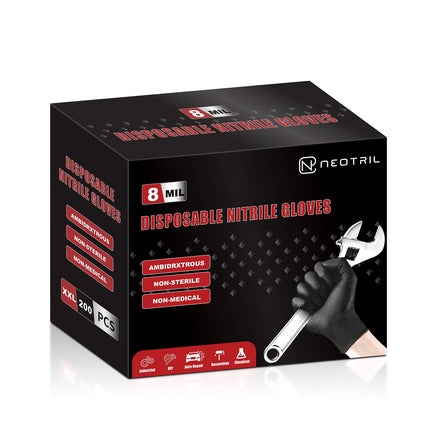NEOTRIL 8 Mil Heavy Duty Disposable Nitrile Gloves with Raised Diamond Texture Grip Rubber Gloves, Latex & Powder Free Mechanic Gloves for Household Cleaning, Black | 200 Pcs