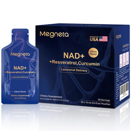 MEGNETA Liposomal NAD+ Supplement with Resveratrol, Anti-Aging, Energy Boost & Cellular Health Support, 15.2 fl. oz NAD Liquid for Men & Women (30 Pouch)