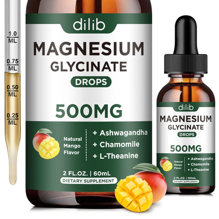 Magnesium Glycinate Supplement, Magnesium Liquid Drops with Magnesium Glycinate 500mg Ashwagandha, L - Theanine, Chamomile -Support Stress Relief, Bone, Muscle, Mood Vegan Natural Mango Flavor