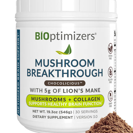 BIOptimizers Mushroom Coffee Alternative – Chocolate Drink – Lion’s Mane, Chaga, Reishi + Collagen Peptides for Focus, Energy & Gut Health – Adaptogenic Mushrooms & MCT Powder – 30 Servings