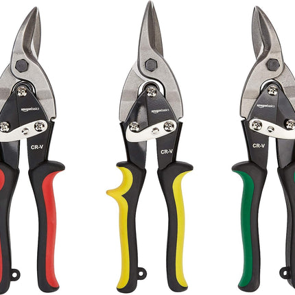 Amazon Basics 3-Piece Aviation Snip Set for Metal Cutting with Comfort Grips, Left, Right and Straight Cut