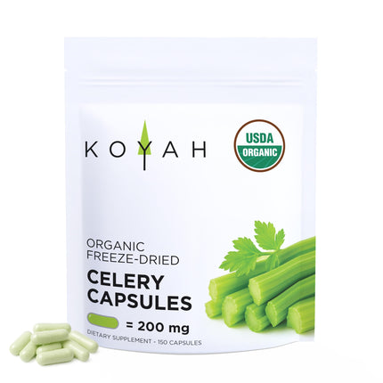 KOYAH - Organic Celery Capsules – Freeze-Dried Whole-Stalk - 200 mg per Capsule - 150 Capsules
