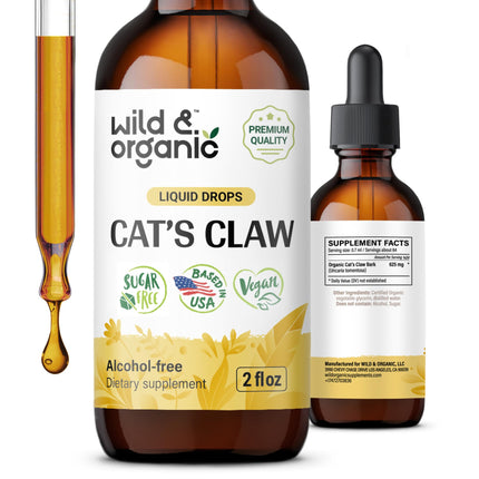 Wild & Organic Cats Claw Herb Supplement - Immune Support - Cats Claw Bark Tincture - Add to Tea Liquid Drops - Uncaria Tomentosa Extract - Vegan, Sugar & Alcohol-Free - 2 fl oz