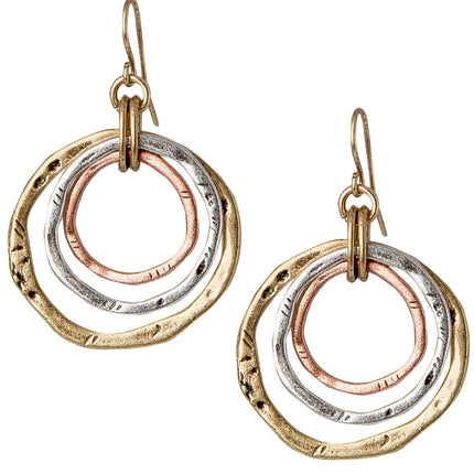 SPUNKYsoul 3 Circle Earrings for Women - Handmade, Lightweight 2-Inch Dangle - Bohemian Earrings - Trendy, Vintage, Unique Jewelry - Ideal for Weddings & Gifting - 3-toned(Gold, Silver, Copper)