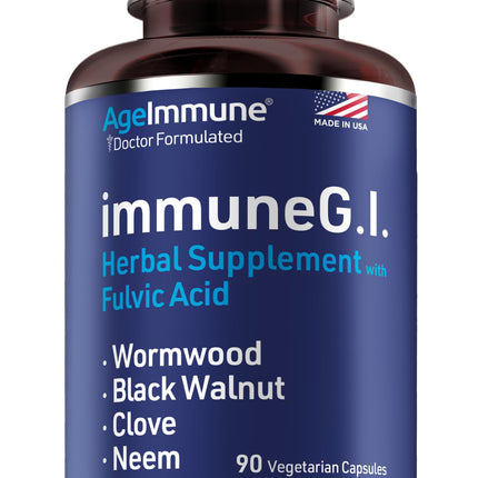 AgeImmune ImmuneG.I. Wormwood Black Walnut Clove Neem Fulvic Acid- Intestinal Cleanse Formula Doctor Formulated to Support Gut Health and Detox - No Stearates, No Dioxides – 90 Capsules