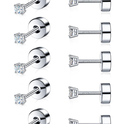 5 Pairs Tiny Moissanite Cartilage Stud Earrings Set,18K White Gold Plated Small Sterling Silver Earrings,Hypoallergenic Threadless Earring for Women Men (5 Pairs-2mm-18K White Gold)