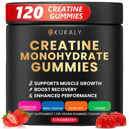 Creatine Monohydrate Gummies for Men & Women,Creatine Gummies Sugar Free with L-Taurine, BCAA 2:1, B12 B6 for Boost Strength, Focus & Endurance, Vegan, Non-GMO, Strawberry, 120pcs